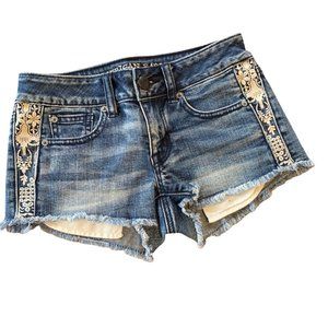 American Eagle Stretch Shortie Boho Floral Embroidered Denim Shorts